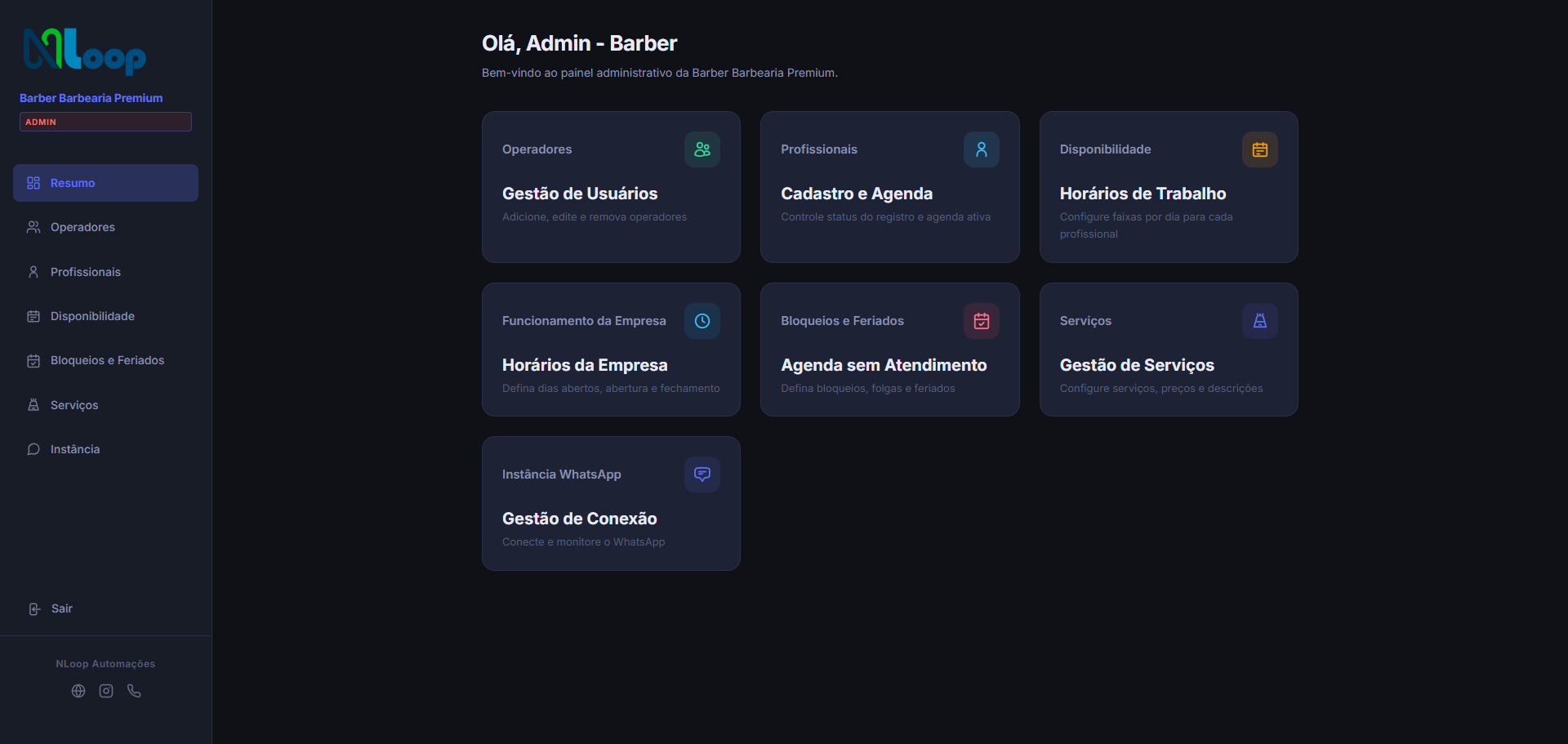 Painel administrativo do Nloop Booking